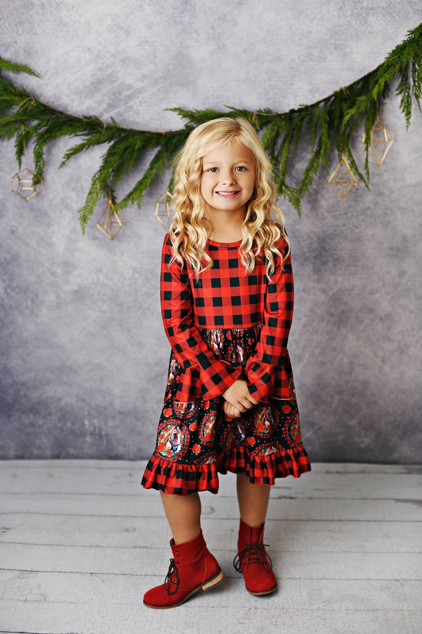 Girls Buffalo Check and Horse Print Dress